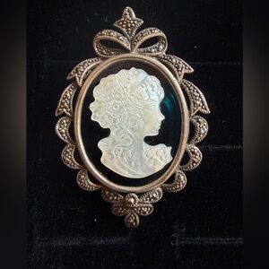 Vintage Cameo Brooch with Silver and Black Details